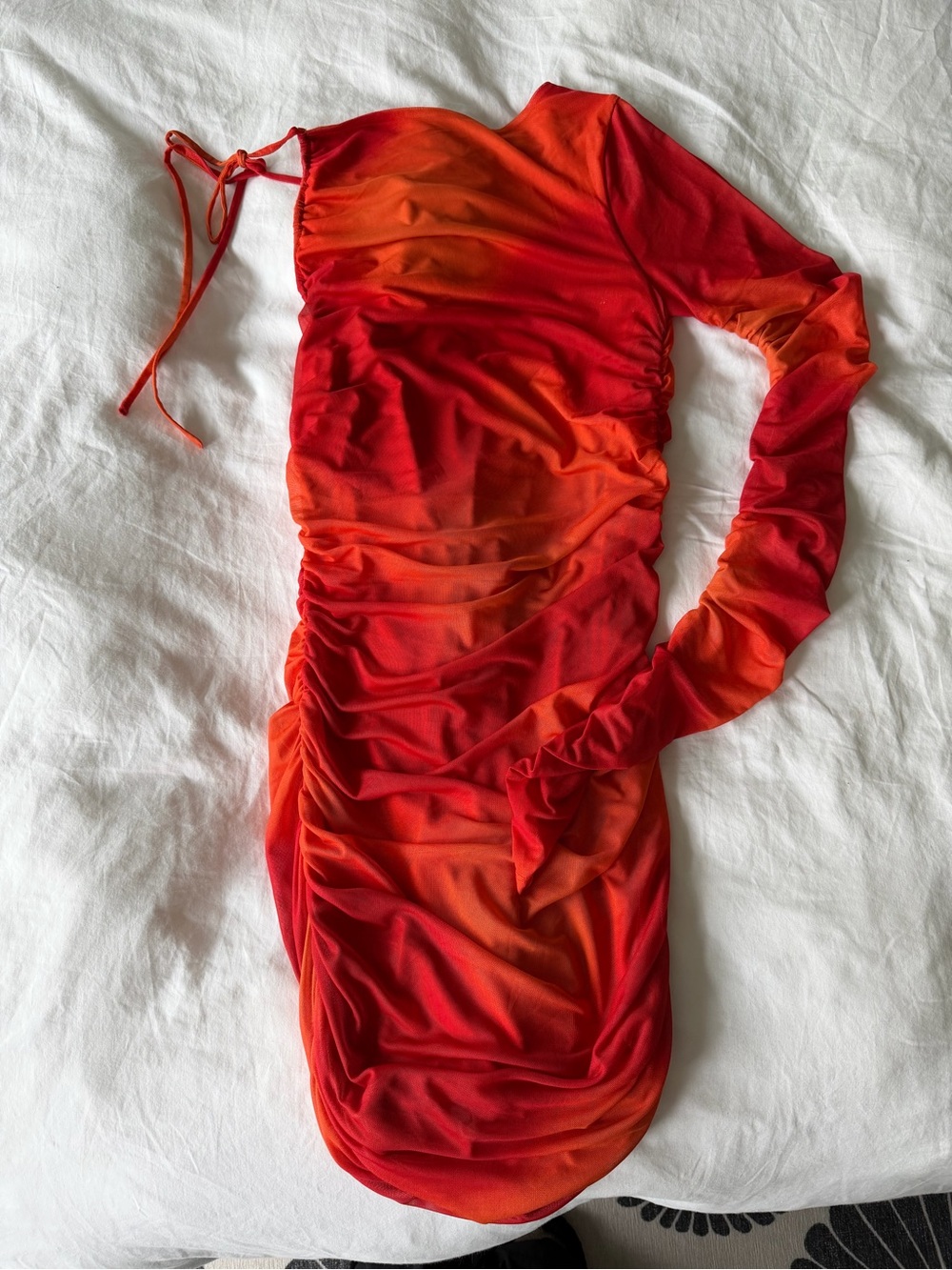 Camila Coelho One-Shoulder Ruched Mini Dress in Red and Orange